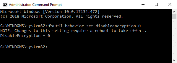 fsutil поведение set disableencryption 0 | Коригиране на шифроване на съдържанието за защита на данните в сиво в Windows 10
