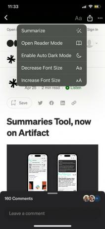 Apăsați pe Rezumat printre opțiunile disponibile. | Artefact introduce un instrument AI puternic pentru a rezuma știrile