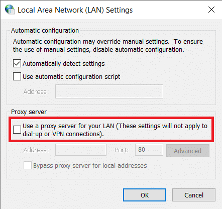 Onemogućite opciju Koristi proxy poslužitelj za svoju LAN opciju tako da poništite okvir pored nje. Kliknite na OK