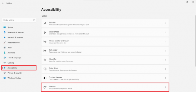 Одељак Приступачност у апликацији Подешавања. Како омогућити наратор Цапс Лоцк упозорење Виндовс 11