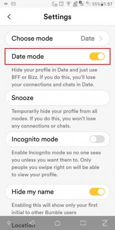 Išjunkite datos režimą, kad išjungtumėte savo pasimatymų profilį, kai gerai susipažinsite su internetinėmis pažintimis ir kurį laiką nenorite grįžti. 