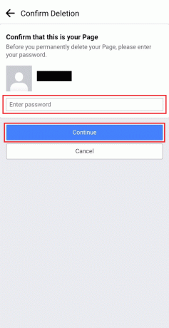 Voer het wachtwoord van uw FB-account in en tik op Doorgaan | Hoe Facebook Business-account te verwijderen