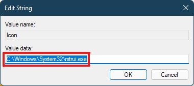 Escriba los datos de valor proporcionados en la ventana Icon Edit String Editor de registro Windows 11