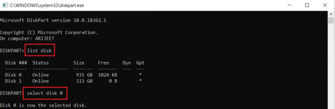 รันคำสั่ง list disk จากนั้นเลือก disk 0 และเข้าสู่ list partition ใน command prompt หรือ cmd