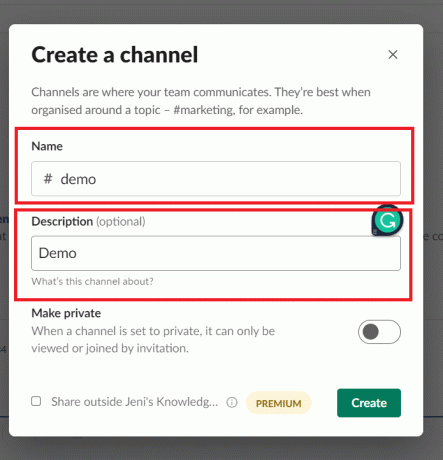 Dar un nombre y descripción al canal | Cómo crear un grupo en Slack