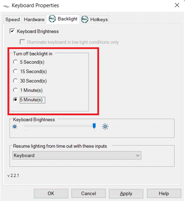 เลือกระยะเวลาที่ต้องการใน Turn off backlight in