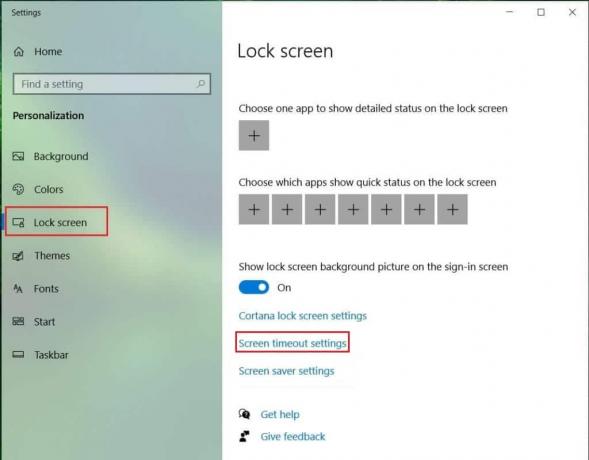 Gehen Sie zum Sperrbildschirm und klicken Sie auf Bildschirm-Timeout-Einstellungen Windows 10