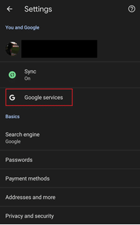 „Google“ paslaugų parinktis „Android Chrome“ programoje.