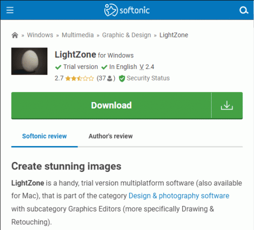 Página de download do site de hospedagem de arquivos de terceiros para LightZone