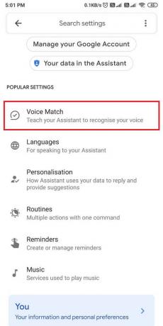 klepněte na Voice match. | Oprava Nefunkční Asistent Google na Androidu