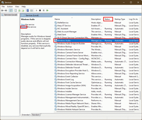 Wählen Sie den Windows-Audiodienst und klicken Sie im Windows 11-Dienstefenster auf die Option Neustart