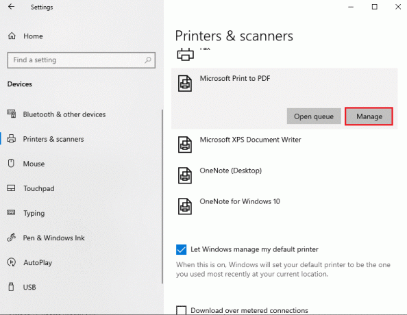 haga clic en el botón Administrar. Solucionar errores de impresión en Windows 10