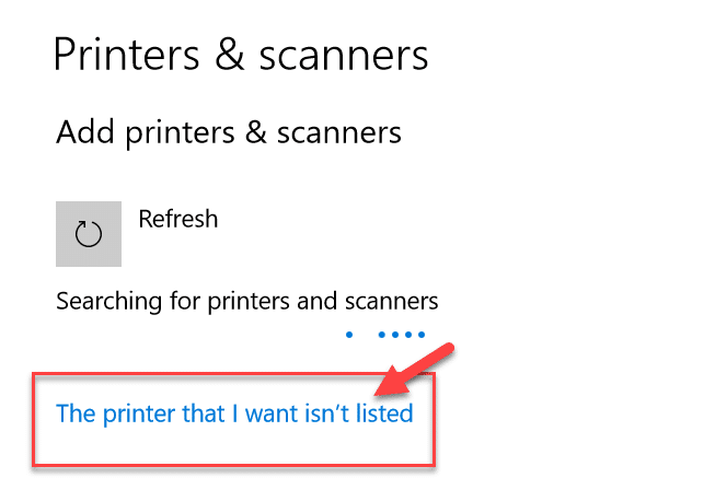 Wenn der Drucker, den Sie hinzufügen möchten, nicht aufgeführt ist, klicken Sie auf Der gewünschte Drucker ist nicht aufgeführt