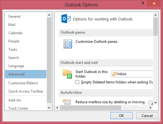 Opciones avanzadas de Outlook