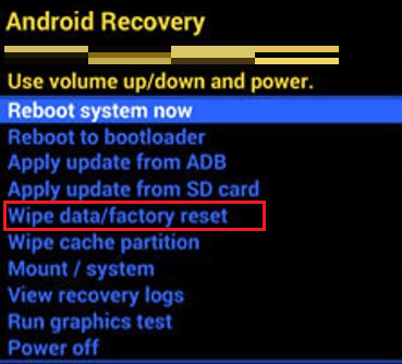 Navigeer naar de optie Wipe datafactory reset en druk op de aan/uit-knop om de optie te bevestigen