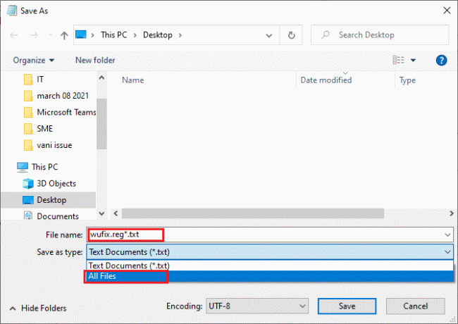 Eingabeaufforderungsfenster für den Dateinamen. Alle Dateien in Dateityp markiert. 