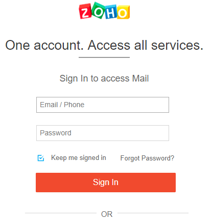 Um das erstellte Zoho-Konto zu verwenden, geben Sie die E-Mail-Adresse und das Kennwort ein und klicken Sie auf Anmelden.
