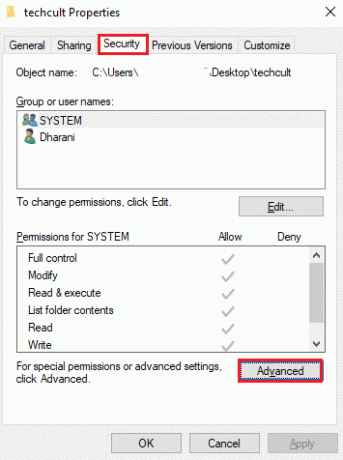 Klicken Sie auf der Registerkarte Sicherheit auf die Option Erweitert