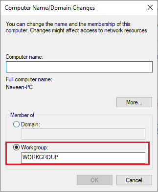 Workgroup 라디오 버튼을 선택하고 원하는 이름을 입력하십시오