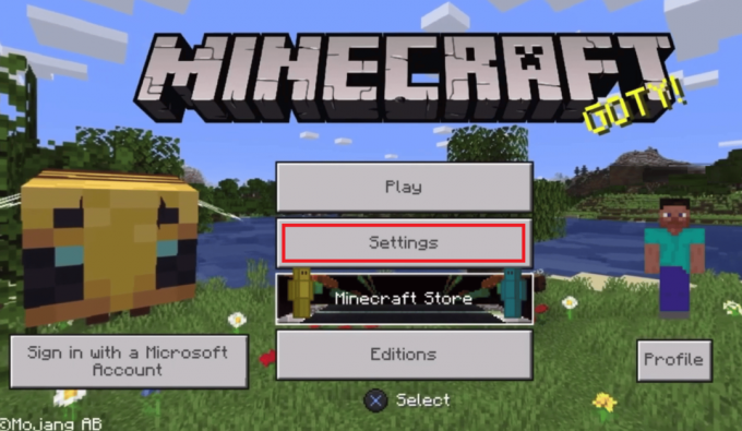 Wählen Sie auf dem Startbildschirm des Minecraft-Spiels auf PS4 Einstellungen | Minecraft mit Microsoft-Konto auf PS4 anmelden