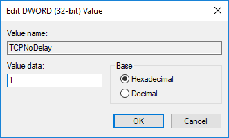 " TCPackFrequency" 및 " TCPNoDelay" DWORD 값을 모두 1로 설정 | 높은 핑 Windows 10 수정