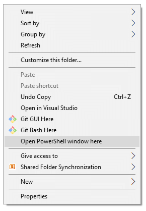 Haga clic en la opción Abrir ventanas de PowerShell aquí