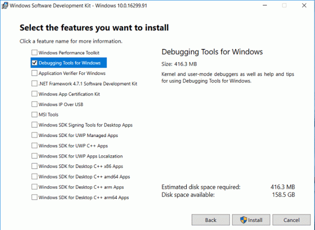 Ekrane Pasirinkti norimas įdiegti funkcijas pasirinkite tik parinktį Derinimo įrankiai, skirti Windows