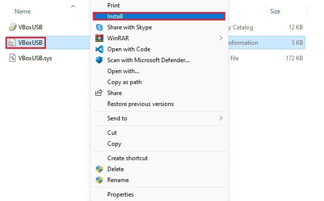 VBoxUSB.inf 파일을 마우스 오른쪽 버튼으로 클릭하고 설치 옵션을 선택하십시오.