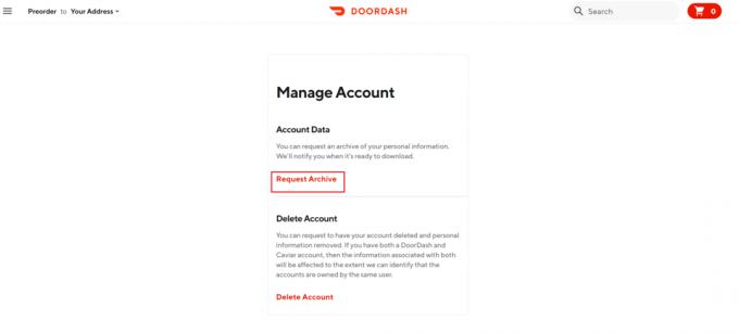 solicitați arhiva în pagina DoorDash Manage Account