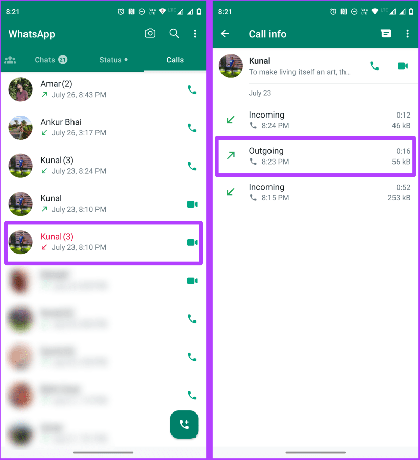 WhatsApp kõneajalugu Android