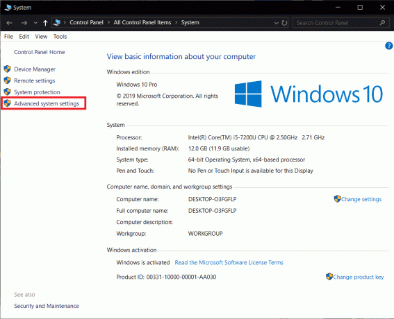 Napsauta seuraavassa ikkunassa Järjestelmän lisäasetukset. Korjaa Windows 10 Käynnistä-valikon haku ei toimi