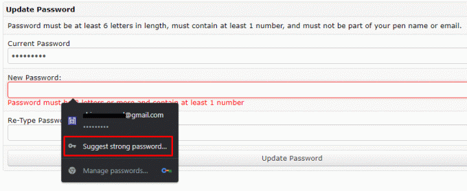 შეიყვანეთ თქვენი ამჟამინდელი პაროლი და მიეცით Google-ს ნება, რომ შემოგთავაზოთ ძლიერი პაროლი, დააწკაპუნეთ Suggest password ოფციაზე.