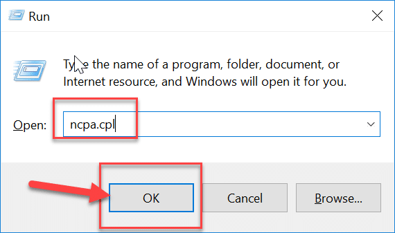 Paina Windows Key + R, kirjoita ncpa.cpl ja paina Enter