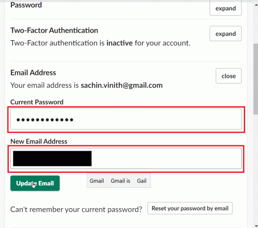 現在のパスワードと新しいメール アドレスを入力してください | Slack のメールアドレスを変更する