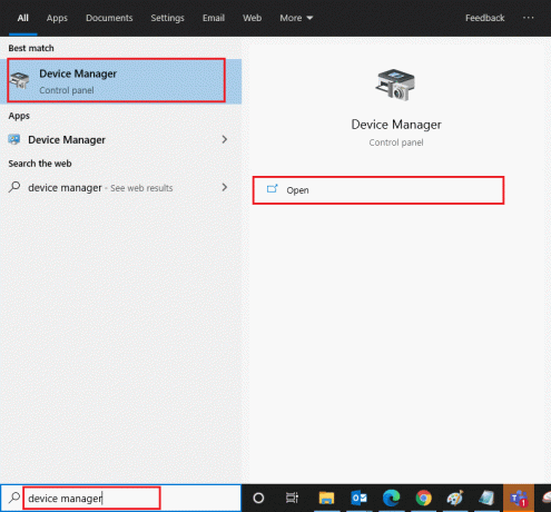 قم بتشغيل Device Manager عن طريق كتابته في قائمة بحث Windows 10 والنقر فوق فتح