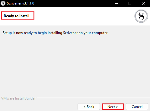 klik på Næste, hvis du er klar til at installere Scrivener-opsætningen