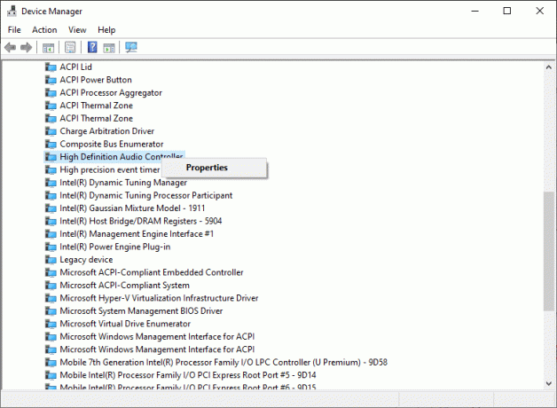 . Aici, căutați controlerul audio (să spunem controler audio de înaltă definiție) și faceți clic dreapta pe el. Apoi, faceți clic pe Proprietăți.