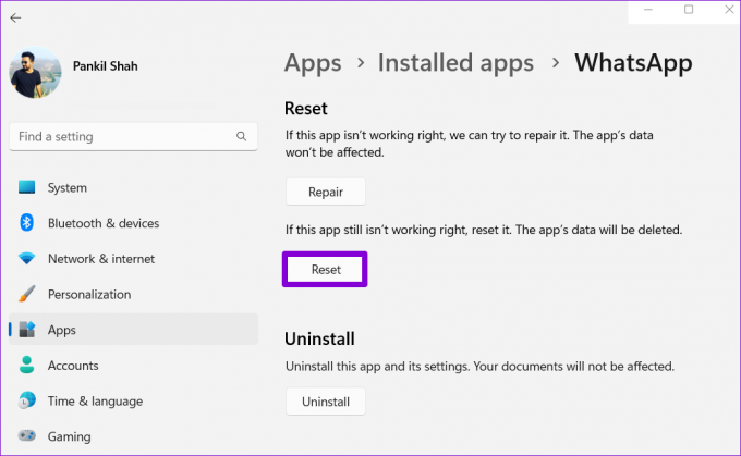Lähtestage WhatsApp opsüsteemis Windows 11