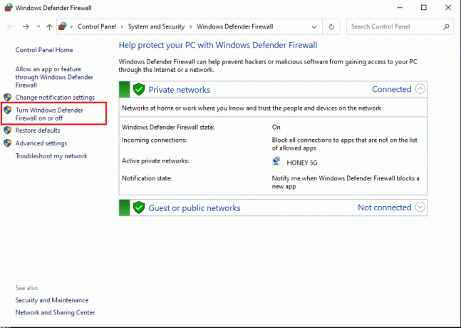 Napsauta Ota Windows Defenderin palomuuri käyttöön tai poista se käytöstä -vaihtoehto