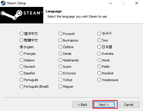Wählen Sie die Sprache für Steam und klicken Sie auf Weiter