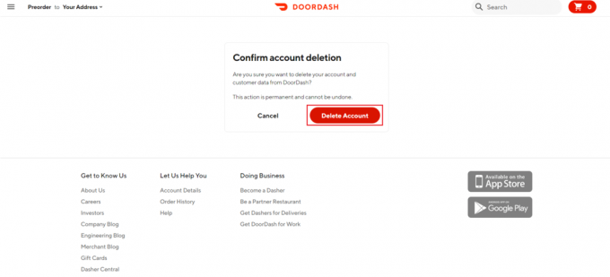 noklikšķiniet uz dzēst kontu, lai apstiprinātu konta dzēšanu DoorDash vietnē