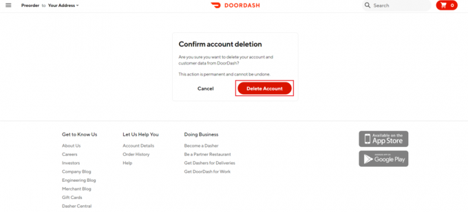 haga clic en eliminar cuenta para confirmar la eliminación de la cuenta en el sitio web de DoorDash