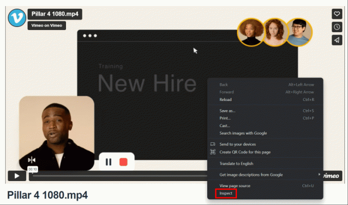 დააწკაპუნეთ ვიდეოზე მაუსის მარჯვენა ღილაკით და გამოჩენილი მენიუდან დააჭირეთ ღილაკს Inspect. | როგორ ჩამოტვირთოთ Vimeo პირადი ვიდეო