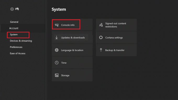 valitse järjestelmävaihtoehto ja sitten konsolin tiedot Xbox Onessa. Korjaa Xbox-virhekoodi 0x8b0500b6