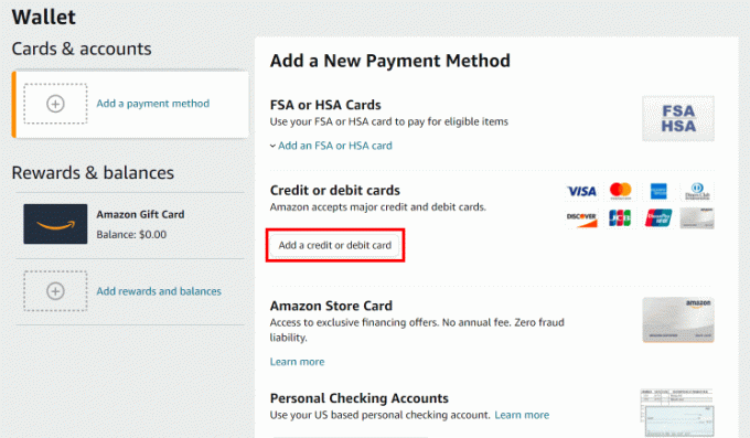 「クレジット カードまたはデビット カード」メニューの下にある「クレジット カードまたはデビット カードを追加」ボタンをクリックします。