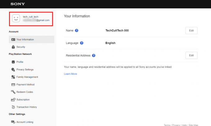في الزاوية العلوية اليسرى ، سترى اسم مستخدم PSN (معرف الإنترنت) والبريد الإلكتروني | الوصول إلى حساب PSN الخاص بك على PS4 | اتصل بـ PSN PS5