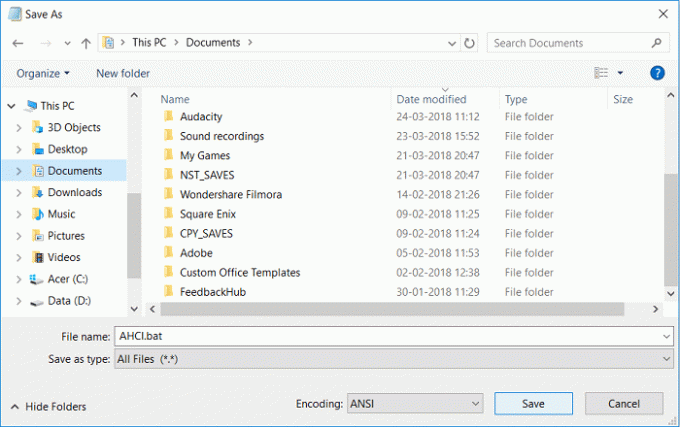 Simpan file sebagai AHCI.bat & dari Save as type pilih All Files