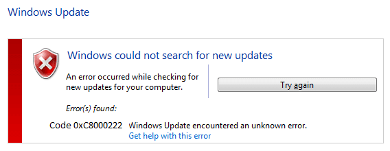 إصلاح خطأ Windows Update 0xc8000222