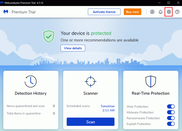 значок шестірні, щоб відкрити налаштування Malwarebytes. Виправте проблему, коли Malwarebytes не оновлюється в Windows 10