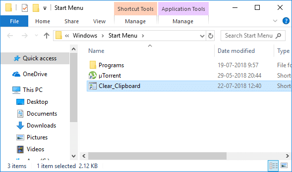 Copia e incolla il collegamento Clear_Clipboard nella posizione del menu Start